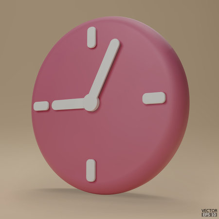 Pastel pink watch isolated on beige background. 3D Round clock icon. Cartoon minimal style.Time-keeping, measurement of time, and time management. Clock icon logo, app UI. 3D Vector illustration.のイラスト素材
