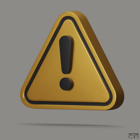 3d Realistic gold triangle warning sign isolated on white background. Hazard warning attention sign with exclamation mark symbol. Danger, Alert, Dangerous attention icon. 3D Vector illustration.のイラスト素材