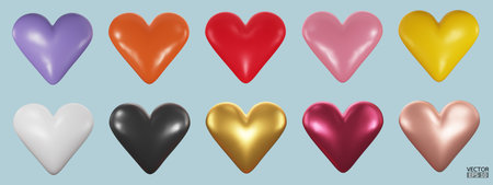 Set of colorful hearts 3D vector collection isolated on beige background. Symbol of Love and Valentine's Day. Metal Heart shape icon 3D for design card. 3D vector illustration.のイラスト素材