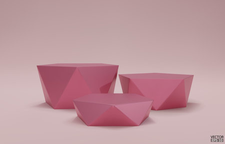 3D vector geometric step podium. 3 Rose gold hexagon cube, Pink square podium in pink background. Concept scene stage showcase, product, promotion sale, banner, cosmetic. 3D vector illustration.のイラスト素材