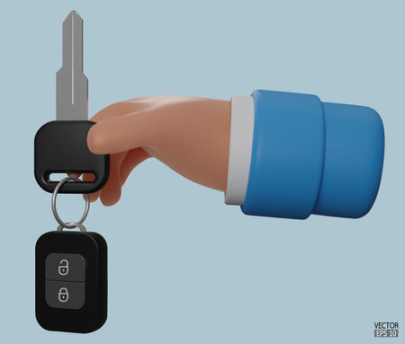 3d cartoon hand holding the car keys mortgage loan. The hand holds the keys isolated on blue background. 3D vector illustration.のイラスト素材