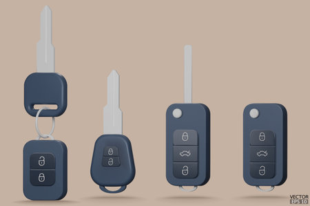 Set of electronic car keys with alarm system. Realistic blue car keys are isolated on beige background. Modern car flip key. 3D Vector illustration.のイラスト素材