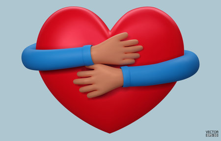3D hands hugging a red heart with love. Cartoon Hand embracing heart with blue sleeve isolated on blue background. love yourself. Used for posters, postcards, t-shirt prints. 3D vector illustration.のイラスト素材