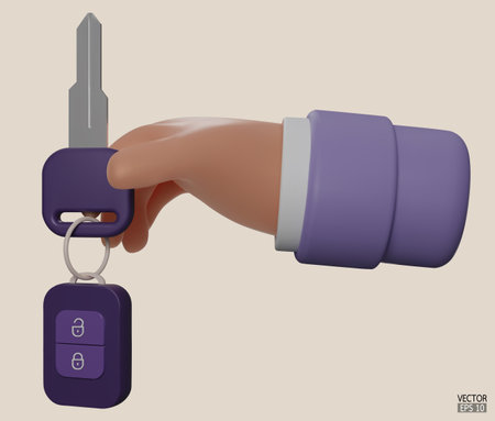 3d cartoon hand holding the purple car keys mortgage loan. The hand holds the purple keys isolated on beige background. 3D vector illustration.のイラスト素材