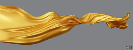 Flying gold silk textile fabric flag background. Smooth elegant golden Satin Isolated on gray Background for grand opening ceremony. Yellow curtain. 3d vector illustration.のイラスト素材