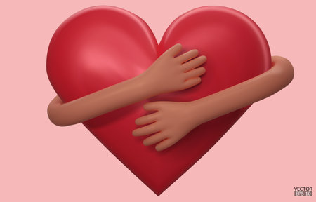 3D hands hugging a red heart with love. Cartoon Hand embracing heart isolated on pink background. love yourself. Used for posters, postcards, t-shirt prints. 3D vector illustration.のイラスト素材