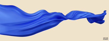 Flying blue silk textile fabric flag background. Smooth elegant blue Satin Isolated on beige Background for grand opening ceremony. Blue curtain. 3d vector illustration.のイラスト素材