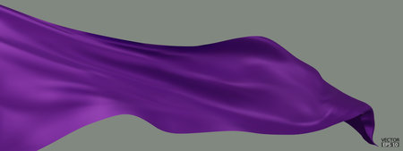 Flying dark purple silk textile fabric flag background. Smooth elegant purple Satin Isolated on blue Background for grand opening ceremony. Dark Purple curtain. 3d vector illustrationのイラスト素材