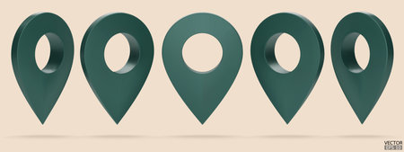 Set of green map pointer isolated on beige background. Green location pin or navigation. 3D Locator mark of map pointer, symbol, position. 3D vector illustration.のイラスト素材