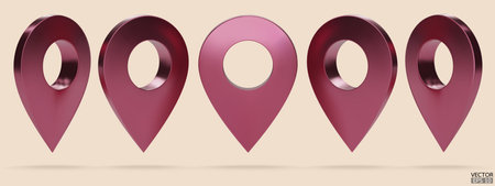 Set of rose gold map pointer isolated on beige background. Pink location pin or navigation. 3D Locator mark of map pointer, symbol, position. 3D vector illustration.のイラスト素材