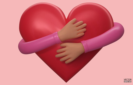 3D hands hugging a red heart with love. Cartoon Hand embracing heart with pink sleeve isolated on pink background. love yourself. Used for posters, postcards, t-shirt prints. 3D vector illustration.のイラスト素材