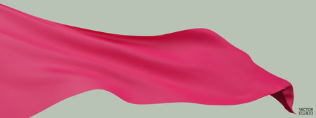 Flying pink silk textile fabric flag background. Smooth elegant pink Satin Isolated on green Background for grand opening ceremony. Pink curtain. 3d vector illustrationのイラスト素材
