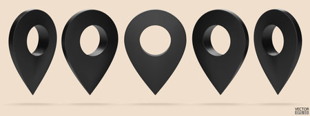 Set of map pointer isolated on beige background. Black location pin or navigation. 3D Locator mark of map pointer, symbol, position. 3D vector illustration.のイラスト素材