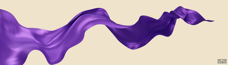 Flying purple silk textile fabric flag background. Smooth elegant purple Satin Isolated on beige Background for grand opening ceremony. Purple curtain. 3d vector illustrationのイラスト素材