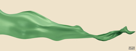 Flying green silk textile fabric flag background. Smooth elegant green Satin Isolated on beige Background for grand opening ceremony. Green curtain. 3d vector illustration.のイラスト素材