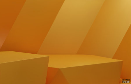 3D geometric 2 step podium. Yellow hexagon cube, Square podium in yellow background. Concept scene stage showcase, product, promotion sale, banner, presentation, cosmetic. 3D vector illustration.のイラスト素材