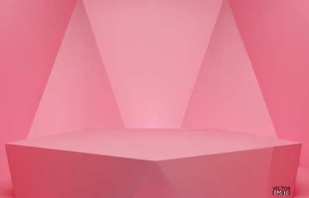 3D vector geometric podium. Pink hexagon cube, Square podium in pink background. Concept scene stage showcase, product, promotion sale, banner, presentation, cosmetic. 3D vector illustration.のイラスト素材