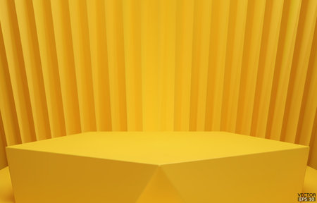 3D vector geometric podium. Yellow hexagon cube, Square podium in yellow background. Concept scene stage showcase, product, promotion sale, banner, presentation, cosmetic. 3D vector illustration.のイラスト素材
