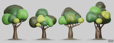 Set of Trees isolated on a white background. 3D tree for landscape design, Garden, and park green tree. Icons for city maps, and games. Green forest plants collection. 3d render vector illustration.のイラスト素材