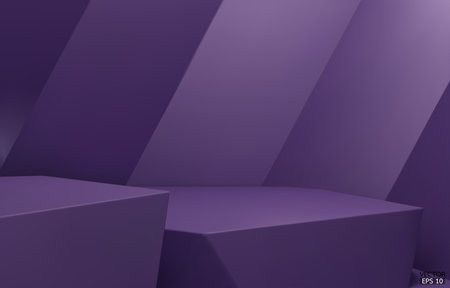 3D geometric 2 step podium. Purple hexagon cube, Square podium in purple background. Concept scene stage showcase, product, promotion sale, banner, presentation, cosmetic. 3D vector illustration.のイラスト素材