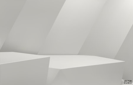 3D geometric 2 step podium. White hexagon cube, Square podium in white background. Concept scene stage showcase, product, promotion sale, banner, presentation, cosmetic. 3D vector illustration.のイラスト素材