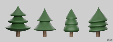 Set of pine trees isolated on background. 3D tree for landscape design, Garden, and park green tree. Icons for city maps, and games. Cartoon forest plants collection. 3d render vector illustration.のイラスト素材