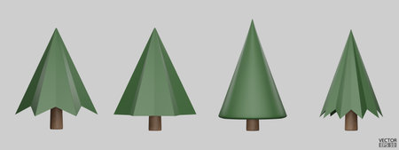 Set of pine trees isolated on background. 3D tree for landscape design, Garden, and park green tree. Icons for city maps, and games. Cartoon forest plants collection. 3d render vector illustration.のイラスト素材