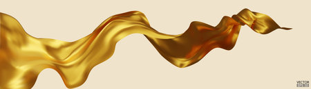 Flying gold silk textile fabric flag background. Smooth elegant golden Satin Isolated on beige Background for grand opening ceremony. Gold curtain. 3d vector illustration.のイラスト素材