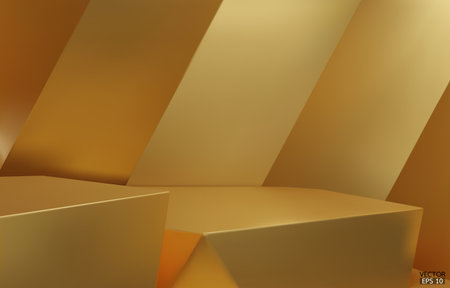 3D geometric 2 step podium. Golden hexagon cube, Square podium in gold background. Concept scene stage showcase, product, promotion sale, banner, presentation, cosmetic. 3D vector illustration.のイラスト素材