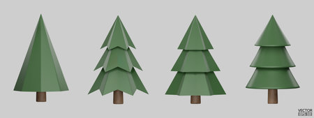 Set of pine trees isolated on background. 3D tree for landscape design, Garden, and park green tree. Icons for city maps, and games. Cartoon forest plants collection. 3d render vector illustration.のイラスト素材