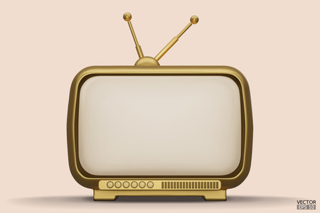 3D render golden Vintage Television Cartoon style isolate on background. Minimal Retro TV. Gold analog TV.  Old TV set with antenna. 3d vector illustration.のイラスト素材