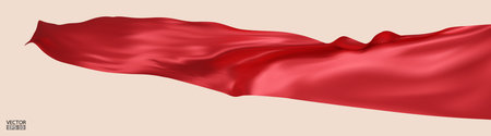 Flying red silk textile fabric flag background. Smooth elegant red Satin Isolated on beige Background for grand opening ceremony. Red curtain. 3d vector illustrationのイラスト素材