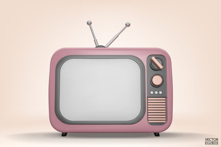 3D render pink Vintage Television Cartoon style isolate on  background. Minimal Retro TV. Pink analog TV.  Old TV set with antenna. 3d vector illustration.のイラスト素材