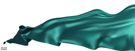 Flying green silk textile fabric flag background. Smooth elegant green Satin Isolated on white Background for grand opening ceremony. Green curtain. 3d vector illustration.のイラスト素材