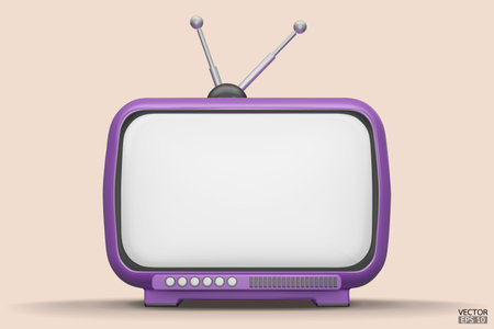 3D render purple Vintage Television Cartoon style isolate on background. Minimal Retro TV. Purple analog TV.  Old TV set with antenna. 3d vector illustration.のイラスト素材