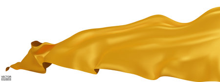 Flying yellow silk textile fabric flag background. Smooth elegant yellow Satin Isolated on white Background for grand opening ceremony. Yellow curtain. 3d vector illustration.のイラスト素材