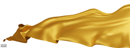 Flying gold silk textile fabric flag background. Smooth elegant golden Satin Isolated on white Background for grand opening ceremony. Gold curtain. 3d vector illustration.のイラスト素材