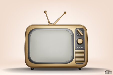 3D render gold Vintage Television Cartoon style isolate on background. Minimal Retro TV. Golden analog TV.  Old TV set with antenna. 3d vector illustration.のイラスト素材