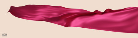 Flying red silk textile fabric flag background. Smooth elegant red Satin Isolated on beige Background for grand opening ceremony. Red curtain. 3d vector illustrationのイラスト素材