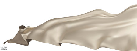 Flying beige silk textile fabric flag background. Smooth elegant beige Satin Isolated on white Background for grand opening ceremony. Beige curtain. 3d vector illustration.のイラスト素材