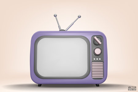 3D render purple Vintage Television Cartoon style isolate on background. Minimal Retro TV. Purple analog TV.  Old TV set with antenna. 3d vector illustration.のイラスト素材