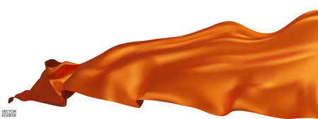 Flying orange silk textile fabric flag background. Smooth elegant orange Satin Isolated on white Background for grand opening ceremony. Orange curtain. 3d vector illustration.のイラスト素材