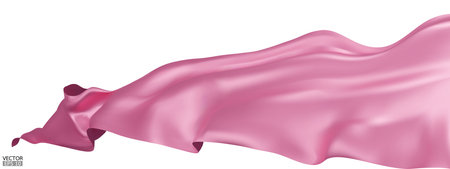 Flying pink silk textile fabric flag background. Smooth elegant pink Satin Isolated on white Background for grand opening ceremony. Pink curtain. 3d vector illustrationのイラスト素材