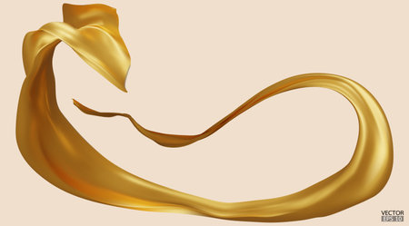 Flying gold silk textile fabric flag background. Smooth elegant golden Satin Isolated on beige Background for grand opening ceremony. Gold curtain. 3d vector illustration.のイラスト素材