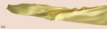 Flying gold silk textile fabric flag background. Smooth elegant golden Satin Isolated on white Background for grand opening ceremony. Gold curtain. 3d vector illustration.のイラスト素材