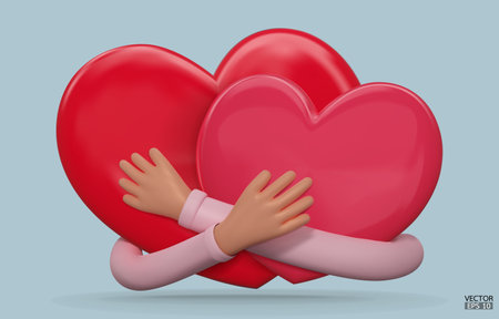 Two hearts with Hand embracing. Cartoon hearts embrace minimalism design. Hands hugging two hearts with love, romance, friendship. Valentine's day, Love yourself. 3D vector illustration.のイラスト素材