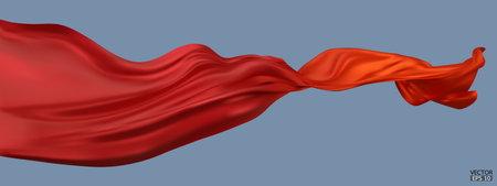 Flying gradient red to orange silk textile fabric flag isolated on blue background. Smooth elegant Colorful gradient Satin for grand opening ceremony. 3d vector illustration.のイラスト素材
