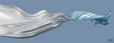 Flying gradient white to blue silk textile fabric flag isolated on blue background. Smooth elegant Colorful gradient Satin for grand opening ceremony. 3d vector illustration.のイラスト素材