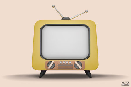 3D render yellow Vintage Television Cartoon style isolate on background. Minimal Retro TV. Yellow analog TV.  Old TV set with antenna. 3d vector illustration.のイラスト素材