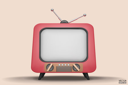 3D render red Vintage Television Cartoon style isolate on  background. Minimal Retro TV. Red analog TV.  Old TV set with antenna. 3d vector illustration.のイラスト素材